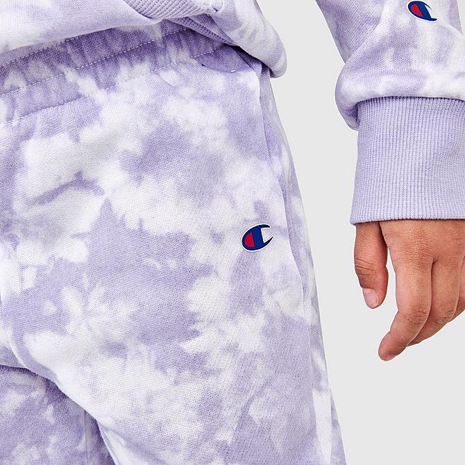 [angle] view of Girls' Little Kids' Champion Tie-Dye Allover Print Hoodie and Jogger Pants Set in Lavender/White Click to zoom
