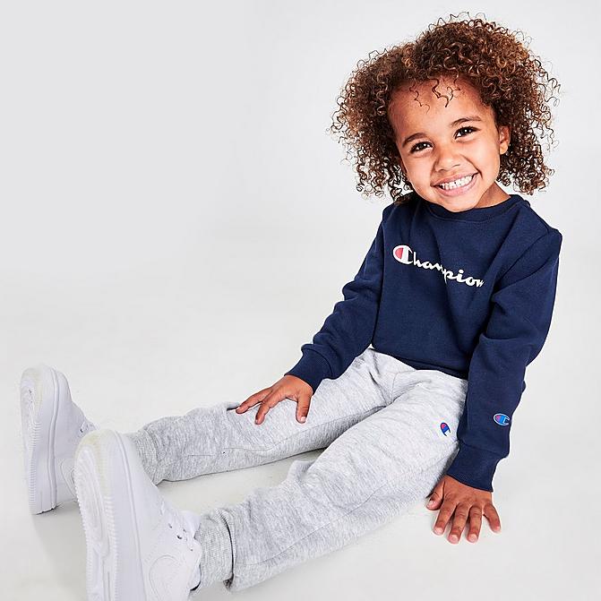 Front view of Boys' Toddler Champion Classic Script Crewneck and Joggers Set in Navy/Grey Click to zoom