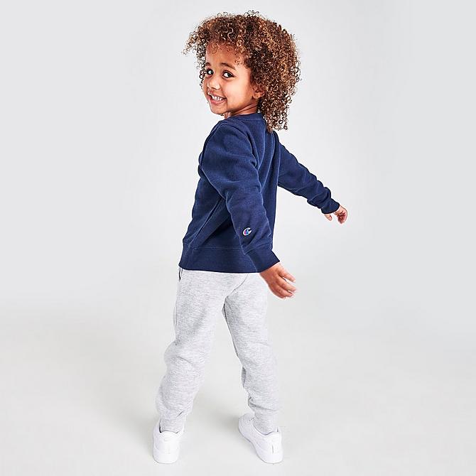 Front Three Quarter view of Boys' Toddler Champion Classic Script Crewneck and Joggers Set in Navy/Grey Click to zoom