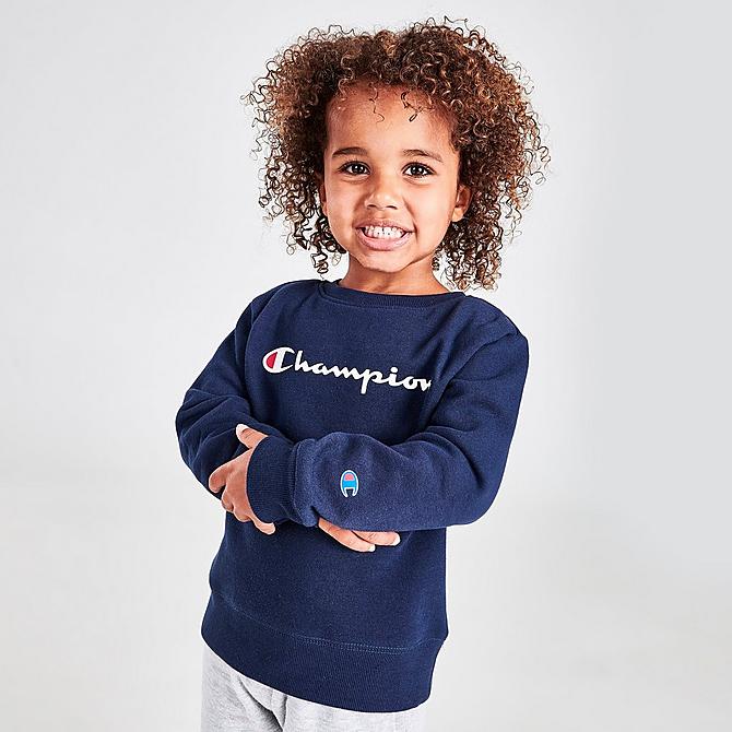 Back Left view of Boys' Toddler Champion Classic Script Crewneck and Joggers Set in Navy/Grey Click to zoom
