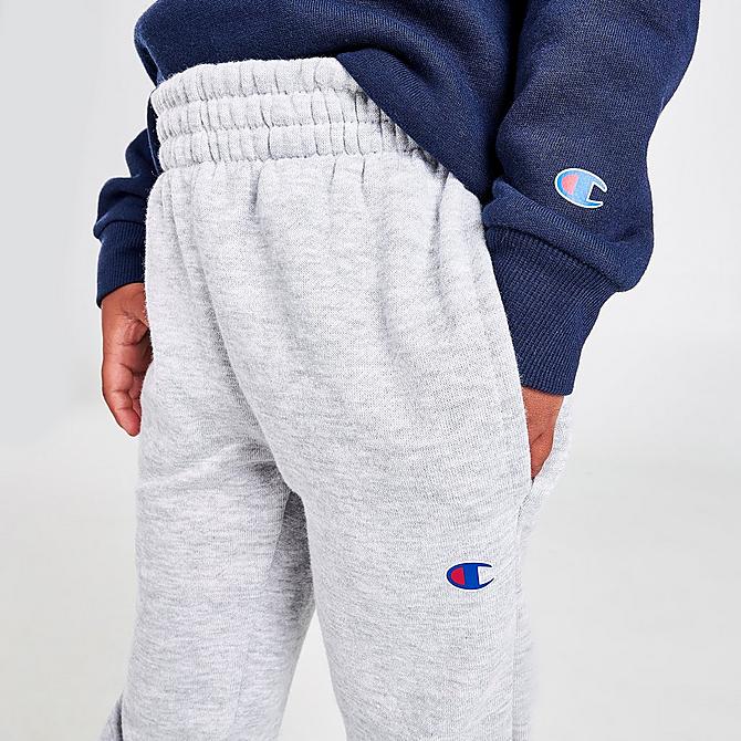On Model 5 view of Boys' Toddler Champion Classic Script Crewneck and Joggers Set in Navy/Grey Click to zoom