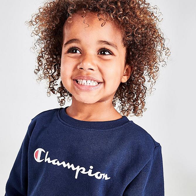 On Model 6 view of Boys' Toddler Champion Classic Script Crewneck and Joggers Set in Navy/Grey Click to zoom