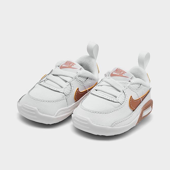 Three Quarter view of Girls' Infant Nike Air Max 90 Crib Booties in White/Metallic Red Bronze/Summit White Click to zoom