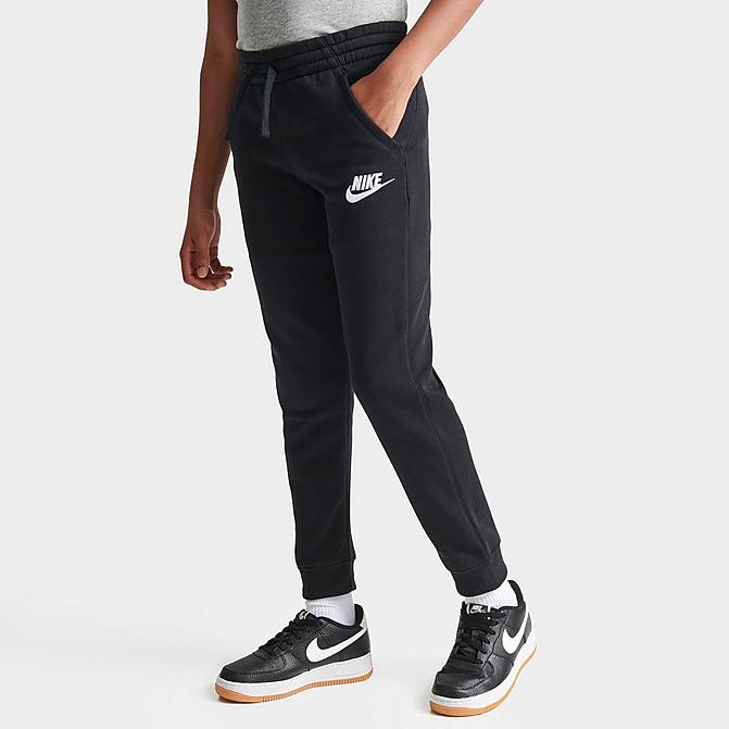 Front view of Boys' Nike Sportswear Embroidered Logo Club Fleece Jogger Pants in Black Click to zoom