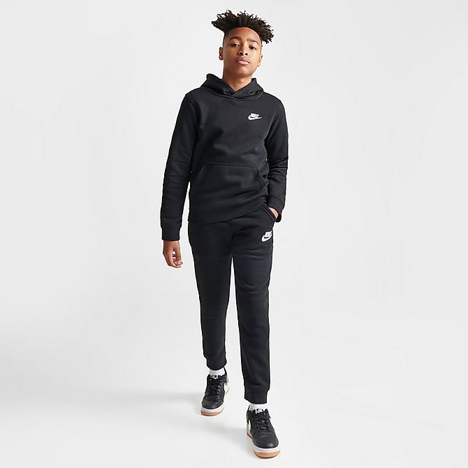 Front Three Quarter view of Boys' Nike Sportswear Embroidered Logo Club Fleece Jogger Pants in Black Click to zoom