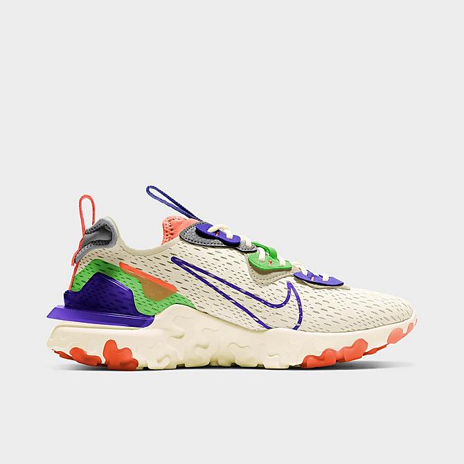 Three Quarter view of Women's Nike React Vision Running Shoes in Pale Ivory/Concord/Hyper Crimson/Mean Green Click to zoom
