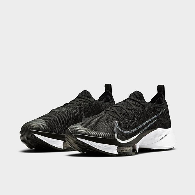 Three Quarter view of Men's Nike Air Zoom Tempo NEXT% Running Shoes in Black/Anthracite/Pure Platinum/White Click to zoom