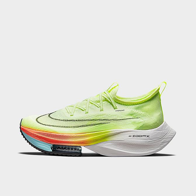Right view of Men's Nike Air Zoom Alphafly NEXT% FlyKnit Running Shoes in Barely Volt/Black/Hyper Orange/Dynamic Turquoise/Volt/Photon Dust Click to zoom