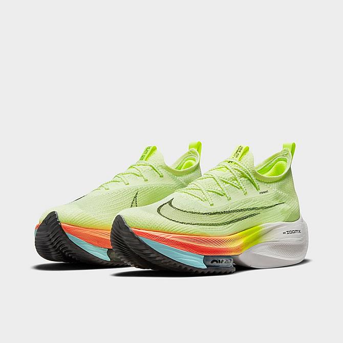Three Quarter view of Men's Nike Air Zoom Alphafly NEXT% FlyKnit Running Shoes in Barely Volt/Black/Hyper Orange/Dynamic Turquoise/Volt/Photon Dust Click to zoom