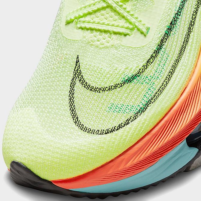 Front view of Men's Nike Air Zoom Alphafly NEXT% FlyKnit Running Shoes in Barely Volt/Black/Hyper Orange/Dynamic Turquoise/Volt/Photon Dust Click to zoom