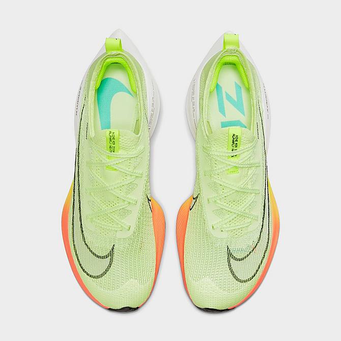 Back view of Men's Nike Air Zoom Alphafly NEXT% FlyKnit Running Shoes in Barely Volt/Black/Hyper Orange/Dynamic Turquoise/Volt/Photon Dust Click to zoom