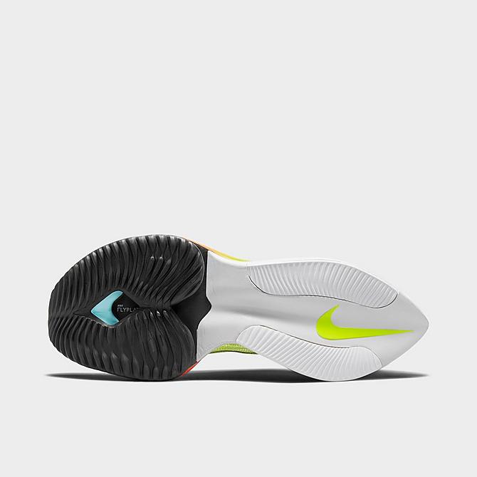 Bottom view of Men's Nike Air Zoom Alphafly NEXT% FlyKnit Running Shoes in Barely Volt/Black/Hyper Orange/Dynamic Turquoise/Volt/Photon Dust Click to zoom