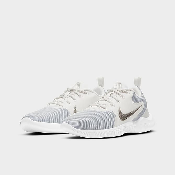 Three Quarter view of Women's Nike Flex Experience RN 10 Running Shoes in White/Metallic Silver/Platinum Tint Click to zoom