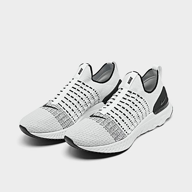 Three Quarter view of Men's Nike React Phantom Run Flyknit 2 Running Shoes in True White/Black/Pure Platinum/White Click to zoom