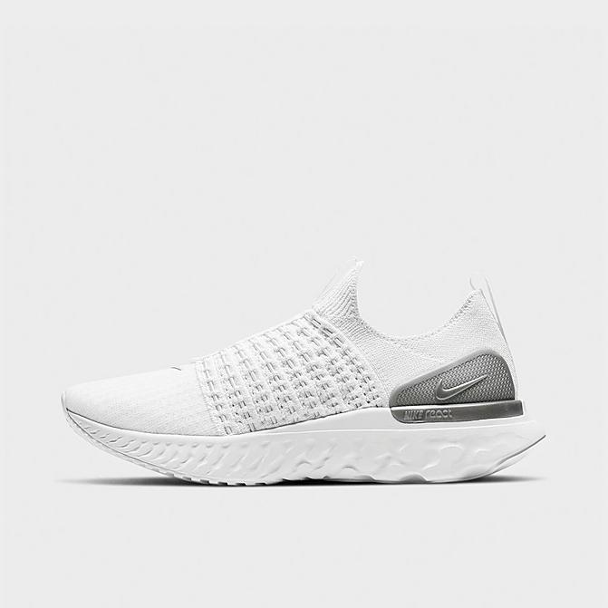 Right view of Women's Nike React Phantom Run Flyknit 2 Running Shoes in True White/White/Pure Platinum/Metallic Silver Click to zoom