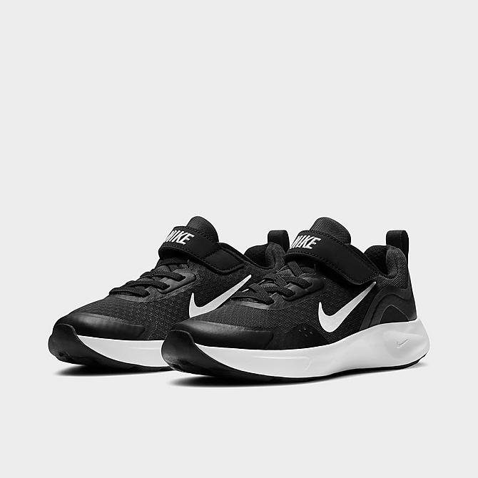 Three Quarter view of Little Kids' Nike WearAllDay Hook-and-Loop Training Shoes in Black/White Click to zoom