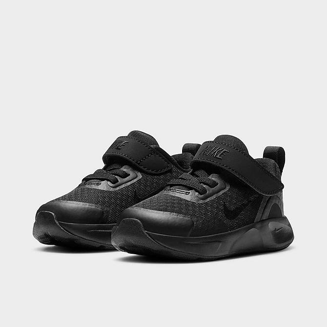 Three Quarter view of Girls' Toddler Nike WearallDay Hook-and-Loop Casual Shoes in Black/Black/Black Click to zoom