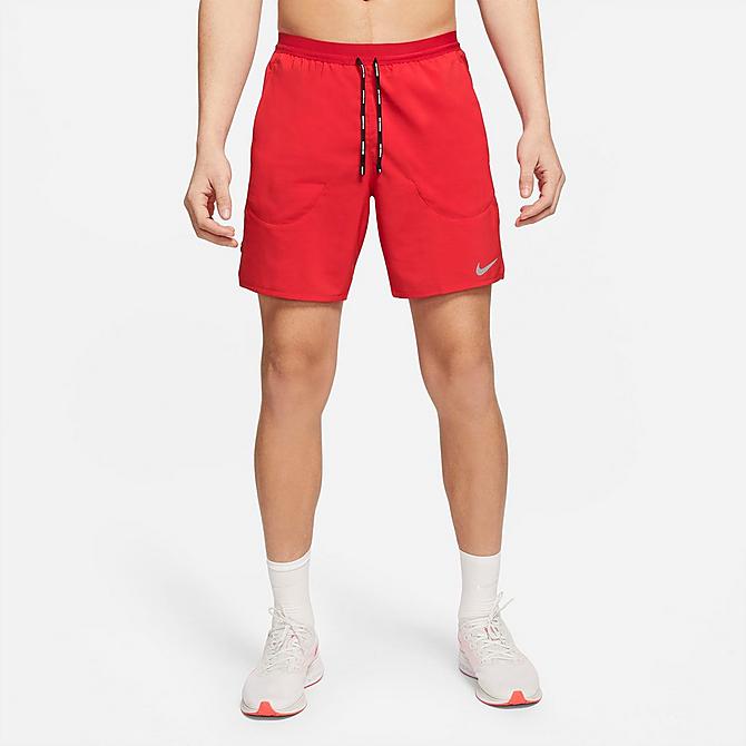 Front Three Quarter view of Men's Nike Flex Stride 2-in-1 Shorts in University Red/Reflective Silver Click to zoom