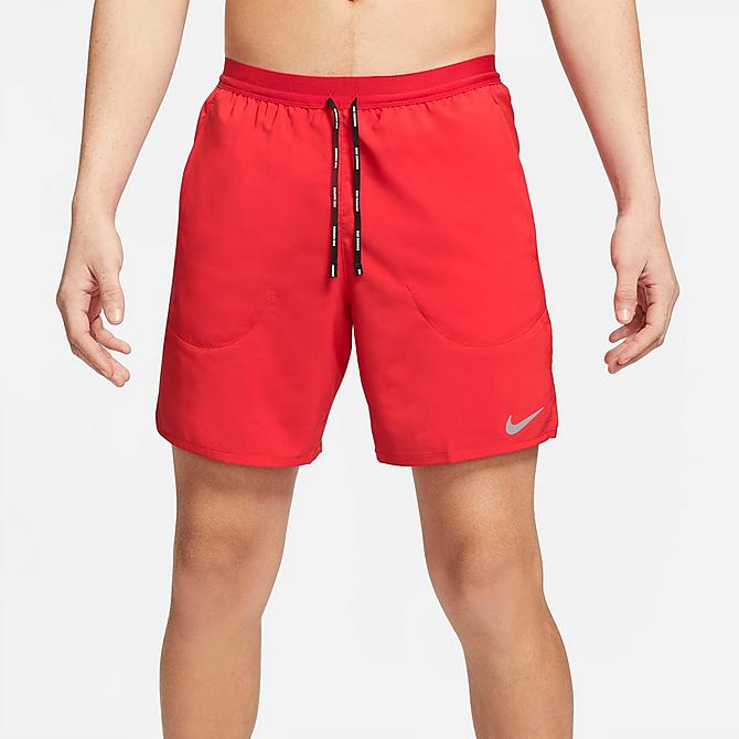 Back Left view of Men's Nike Flex Stride 2-in-1 Shorts in University Red/Reflective Silver Click to zoom