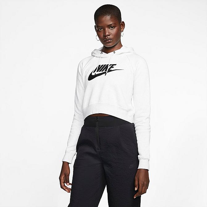 Front view of Women's Nike Sportswear Essential Cropped Hoodie in Birch Heather/Black Click to zoom