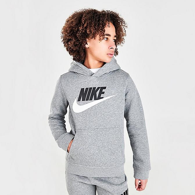 Front view of Kids' Nike Sportswear HBR Glow Futura Club Fleece Hoodie in Carbon Heather Click to zoom