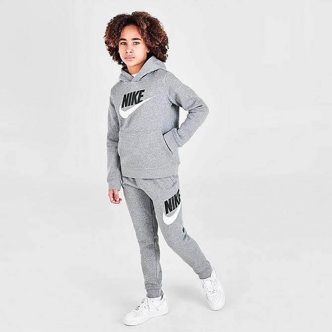 Front Three Quarter view of Kids' Nike Sportswear HBR Glow Futura Club Fleece Hoodie in Carbon Heather Click to zoom