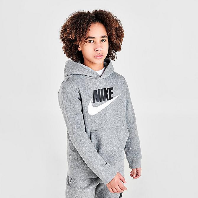 Back Left view of Kids' Nike Sportswear HBR Club Fleece Hoodie in Carbon Heather Click to zoom
