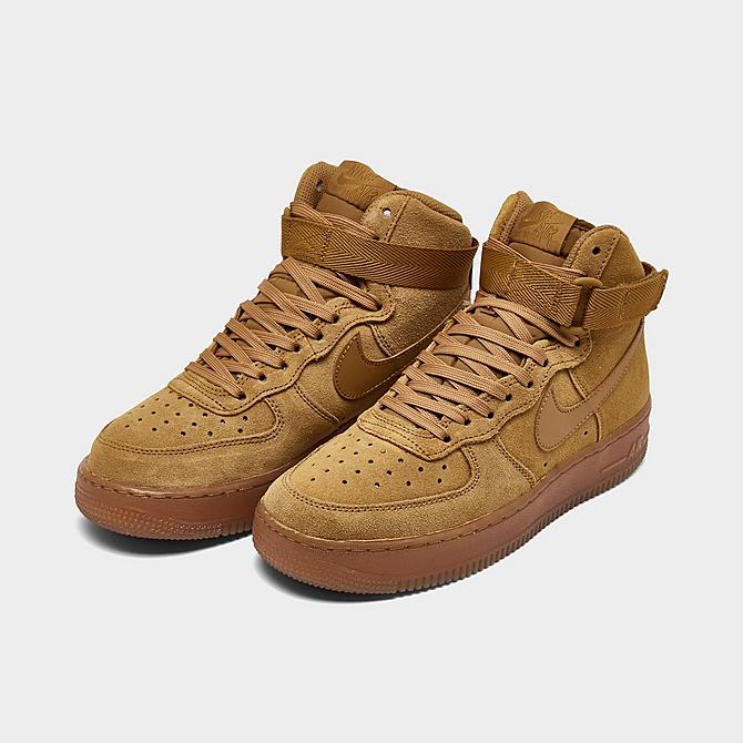 Three Quarter view of Boys' Big Kids' Nike Air Force 1 High LV8 3 Casual Shoes in Wheat/Wheat Gum/Light Brown Click to zoom