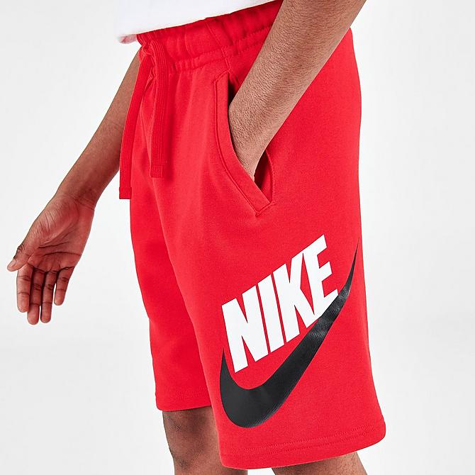On Model 5 view of Kids' Nike Sportswear HBR Club Fleece Shorts in University Red Click to zoom