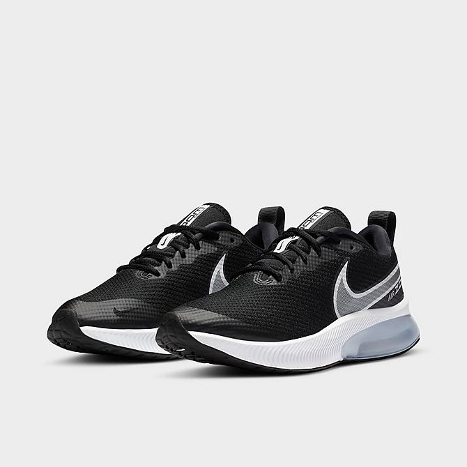 Three Quarter view of Big Kids' Nike Air Zoom Arcadia Running Shoes in Black/White-Dark Smoke Grey Click to zoom