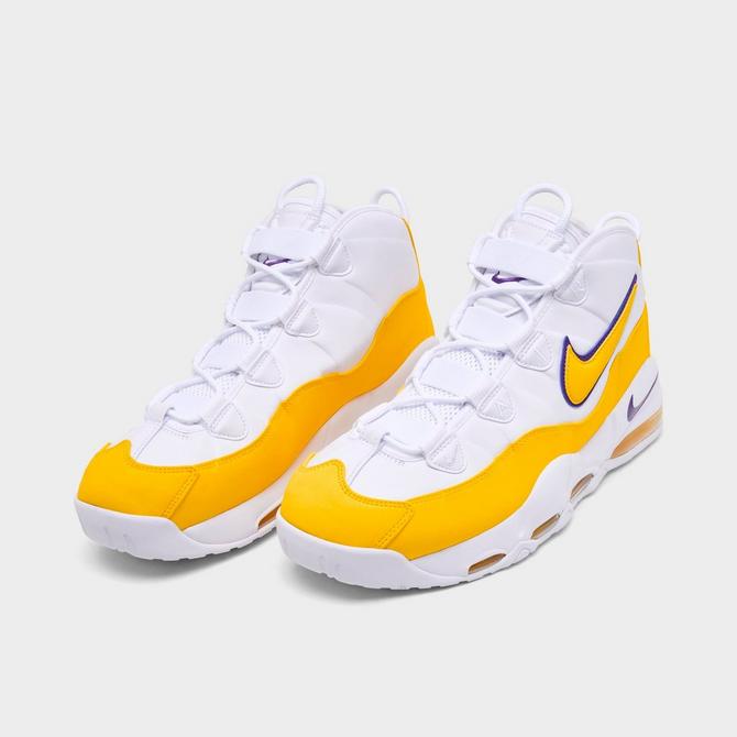 Three Quarter view of Men's Nike Air Max Uptempo '95 Basketball Shoes in White/Amarillo/Court Purple Click to zoom