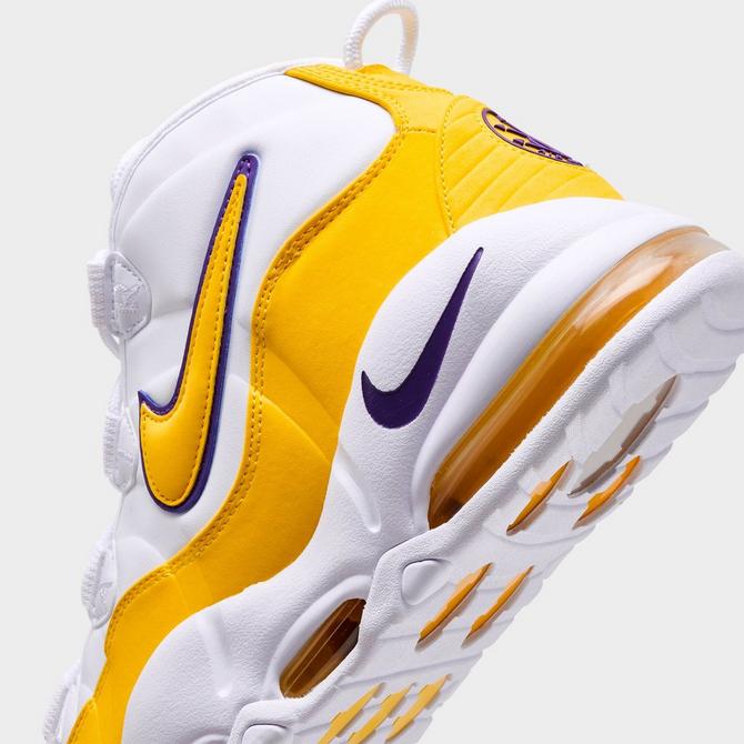 Front view of Men's Nike Air Max Uptempo '95 Basketball Shoes in White/Amarillo/Court Purple Click to zoom