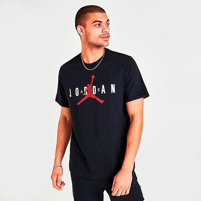 Back Left view of Men's Jordan Air Wordmark T-Shirt in Black/White/Gym Red Click to zoom