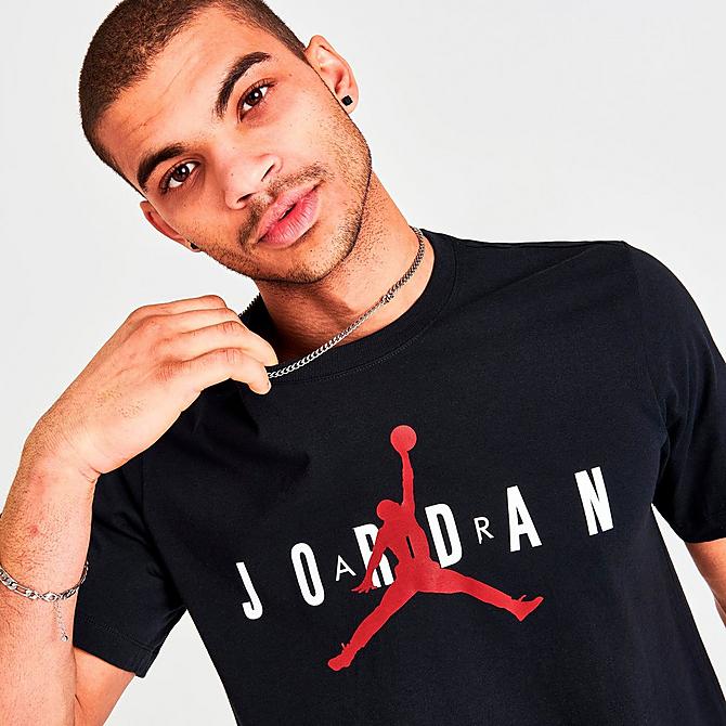 On Model 5 view of Men's Jordan Air Wordmark T-Shirt in Black/White/Gym Red Click to zoom
