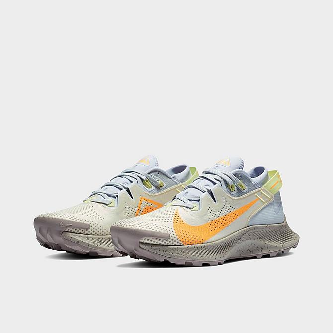 Three Quarter view of Women's Nike Pegasus Trail 2 Trail Running Sneakers in Pure Platinum/Fossil/Limelight/Laser Orange Click to zoom