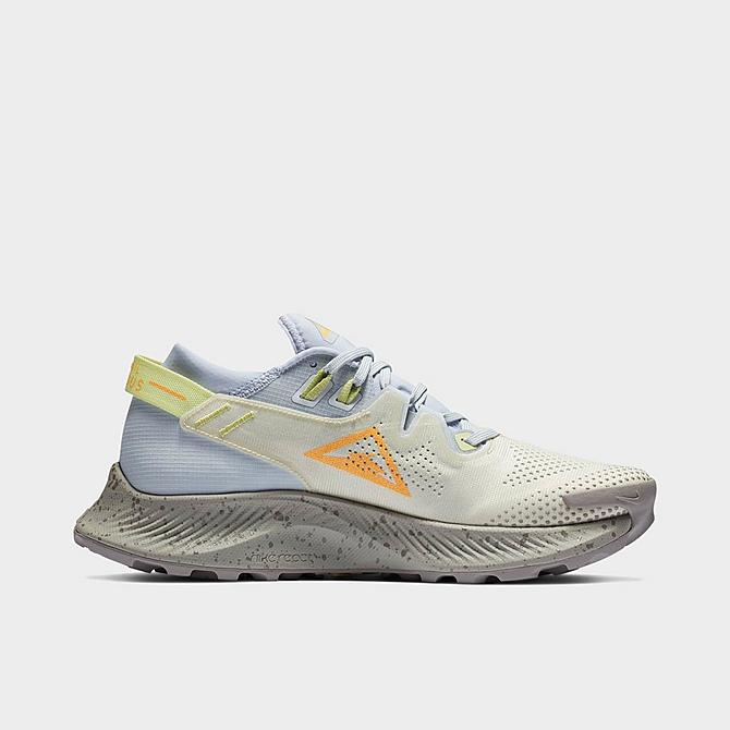 Front view of Women's Nike Pegasus Trail 2 Trail Running Sneakers in Pure Platinum/Fossil/Limelight/Laser Orange Click to zoom