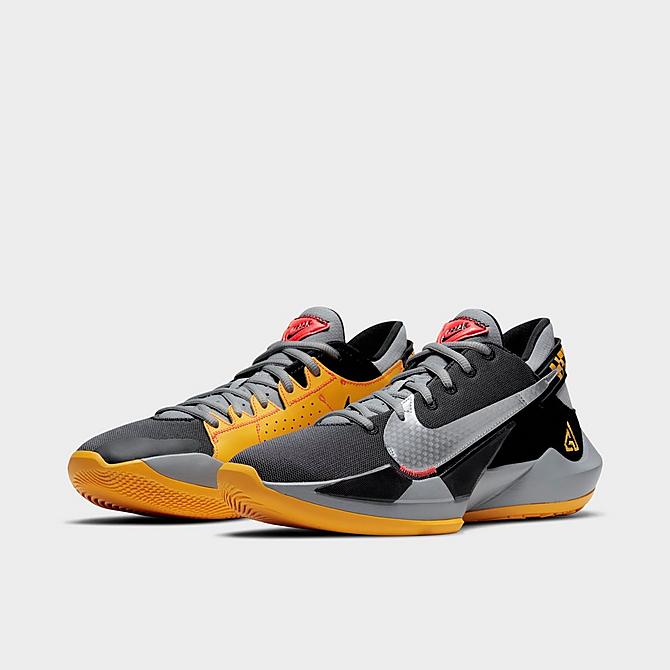 Three Quarter view of Nike Zoom Freak 2 Basketball Shoes in Black/Particle Grey/Bright Crimson/Metallic Silver Click to zoom