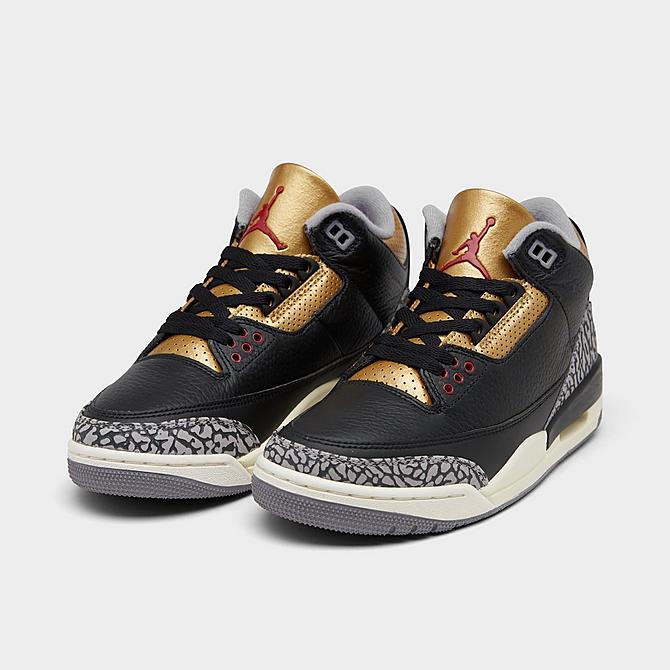 Three Quarter view of Women's Air Jordan Retro 3 Basketball Shoes in Black/Fire Red/Metallic Gold/Cement Grey Click to zoom