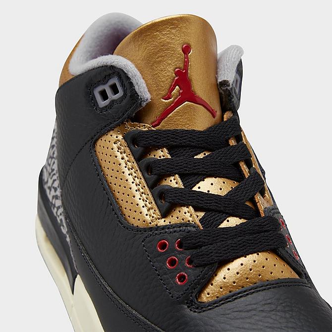 Front view of Women's Air Jordan Retro 3 Basketball Shoes in Black/Fire Red/Metallic Gold/Cement Grey Click to zoom
