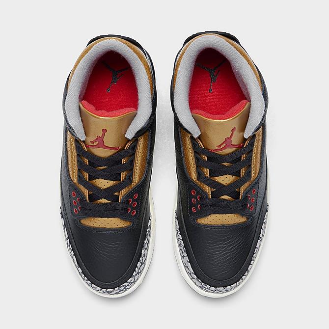 Back view of Women's Air Jordan Retro 3 Basketball Shoes in Black/Fire Red/Metallic Gold/Cement Grey Click to zoom