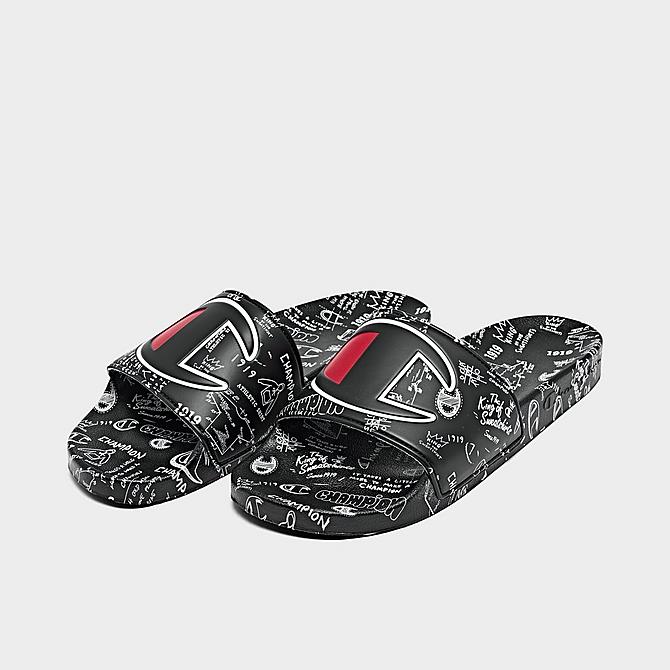 Three Quarter view of Men's Champion IPO Doodle Slide Sandals in Black Click to zoom