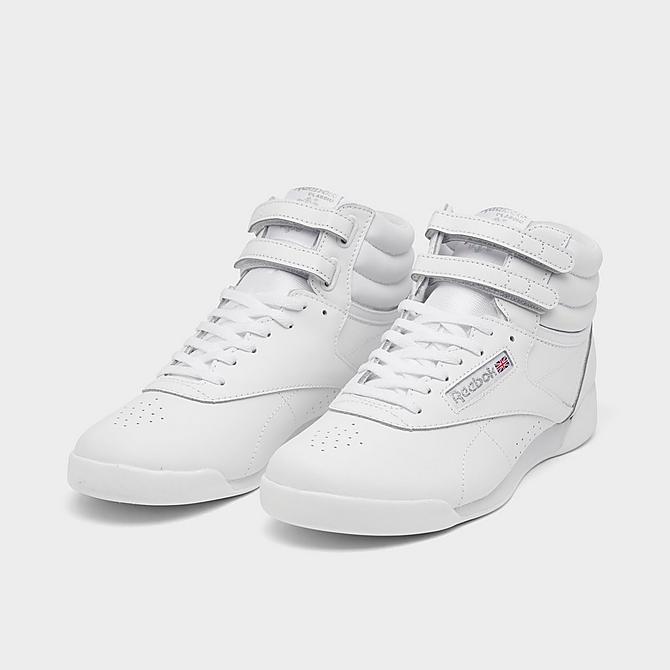 Three Quarter view of Girls' Big Kids' Reebok Freestyle Hi Casual Shoes in White/Silver Click to zoom