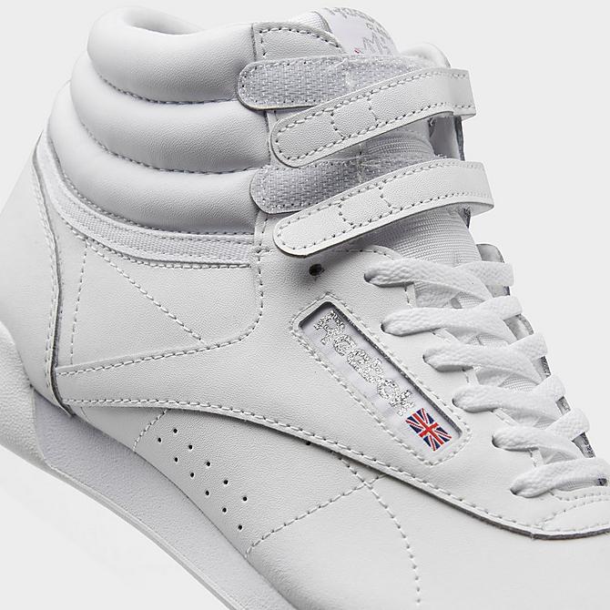 Front view of Girls' Big Kids' Reebok Freestyle Hi Casual Shoes in White/Silver Click to zoom