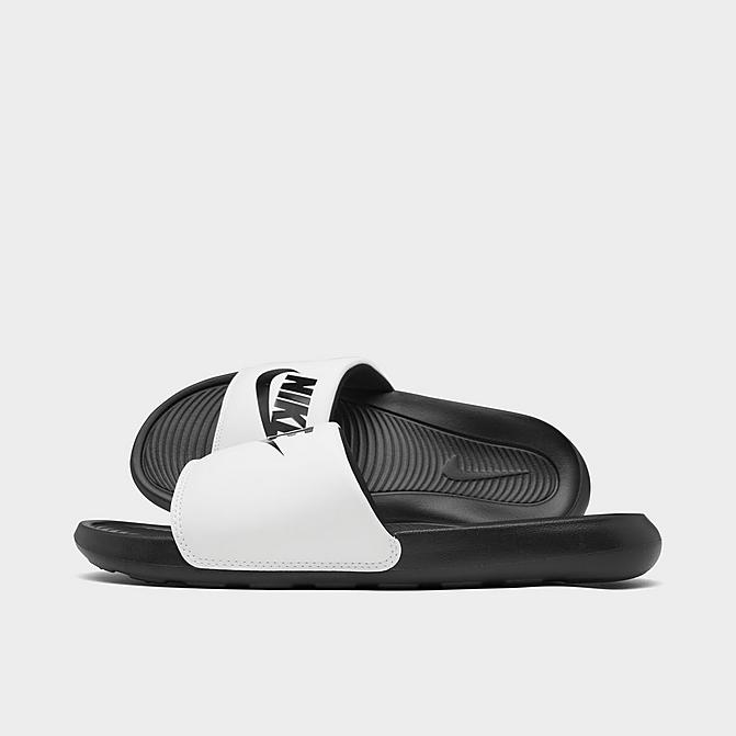 Right view of Men's Nike Victori One Slide Sandals in Black/White/Black Click to zoom