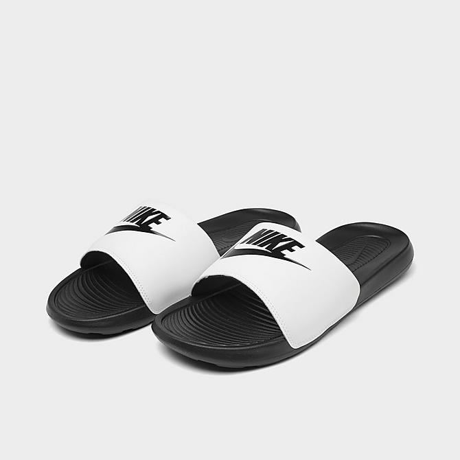 Three Quarter view of Men's Nike Victori One Slide Sandals in Black/White/Black Click to zoom