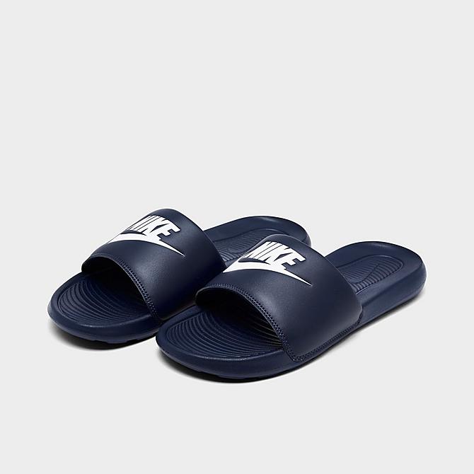 Three Quarter view of Men's Nike Victori One Slide Sandals in Midnight Navy Click to zoom