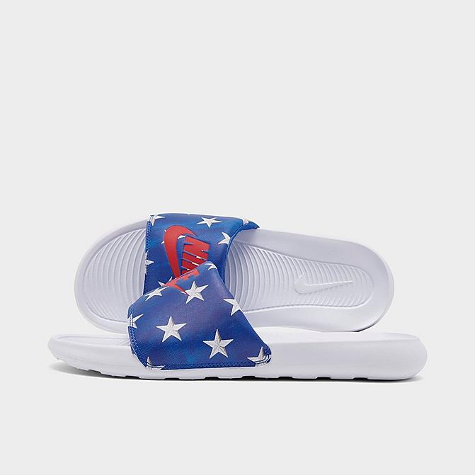 Right view of Women's Nike Victori One Print Slide Sandals in Game Royal/University Red/Summit White Click to zoom
