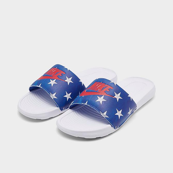 Three Quarter view of Women's Nike Victori One Print Slide Sandals in Game Royal/University Red/Summit White Click to zoom