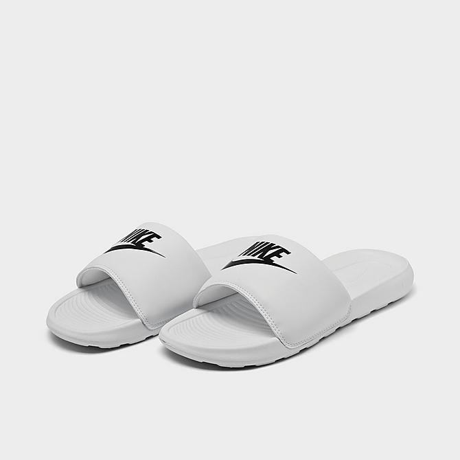 Three Quarter view of Women's Nike Victori One Slide Sandals in White/Black Click to zoom