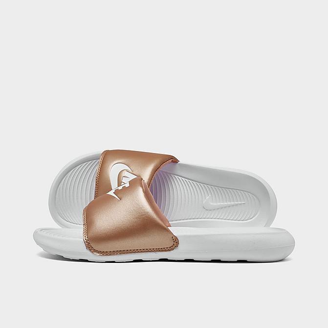 Right view of Women's Nike Victori One Slide Sandals in Metallic Red Bronze/White/White Click to zoom